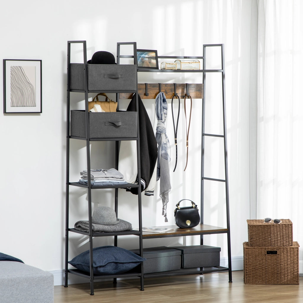 Appendiabiti con scaffale e cassetti ¨C zephmum ¨C grigio, acciaio e legno, 125x43x185,5 cm