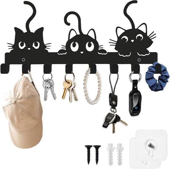 Sostituto di chiave, moderno, motivi metallici di gatto, nero, 8 ganci, supporto di chiave, armadio a muro, chiusura di chiave, decorazione per ingresso, soggiorno, salotto, come decorazione per gatti & organizzatore