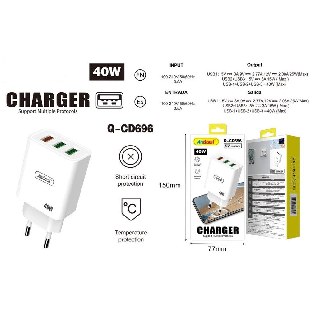 Trade Shop - Caricabatterie Adattatore Ricarica Rapida Con 3 Porte Usb 40w Per Smartphone Tablet Q-cd696 -