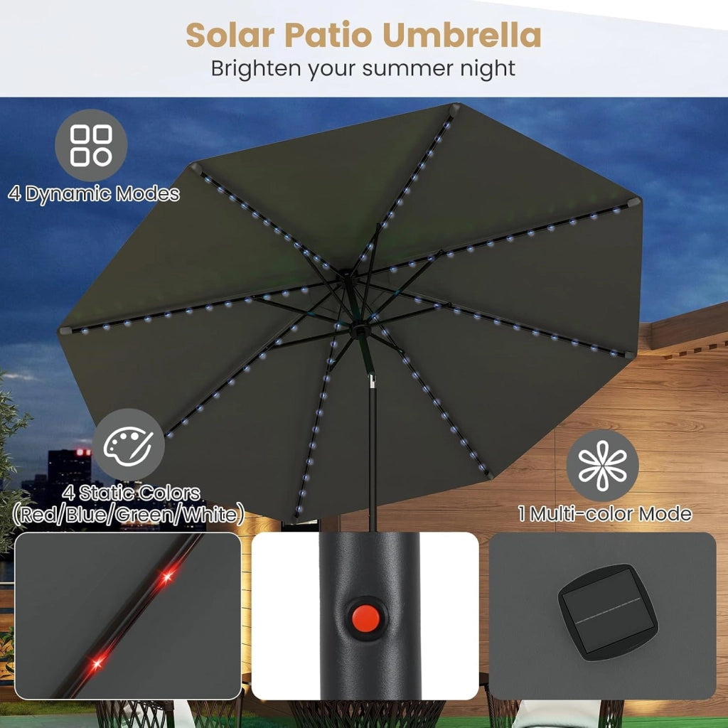 Ombrellone da Giardino φ3 m, con 96 Luci LED, 9 Modalità, Manovella, Ombrellone Parasole da Patio Inclinabile con 8 Osse, per Balcone, Spiaggia, Piscina, Base Non Inclusa