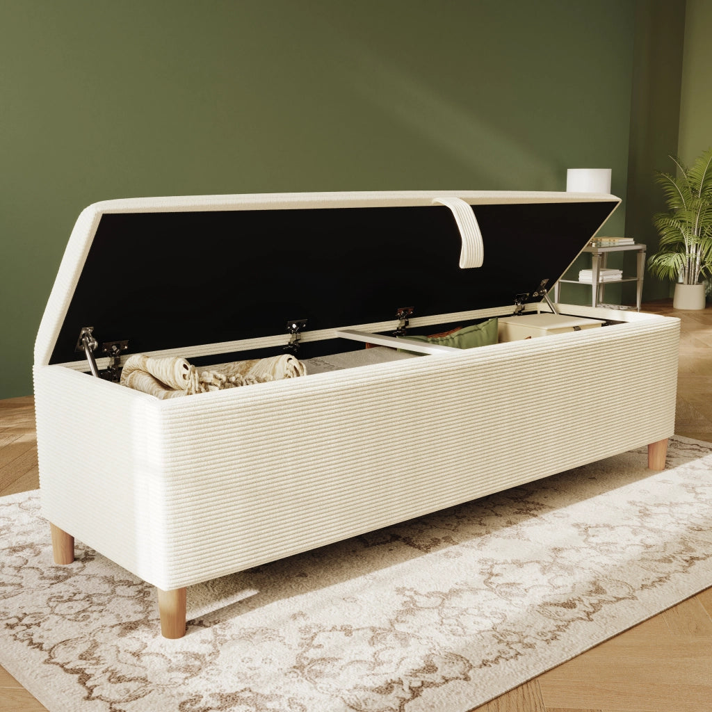 Panca da letto imbottita con contenitore idraulico, 145/165/175 cm, effetto velluto a coste beige
