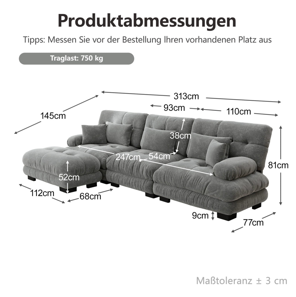 Divano modulare angolare 313x145x81 cm in ciniglia grigia con pouf mobili