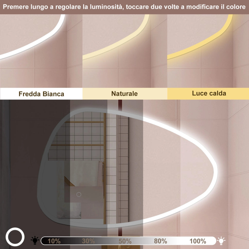 AICA Specchio da bagno 120 x 80 cm, dimmerabile, Funzione Memoria, antiappannamento, 3 colori