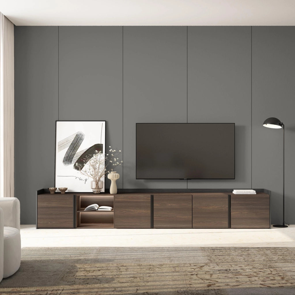 Mobile TV Soggiorno, 309x50x35 cm, Per TV fino a 80", LED, Rovere scuro e Nero