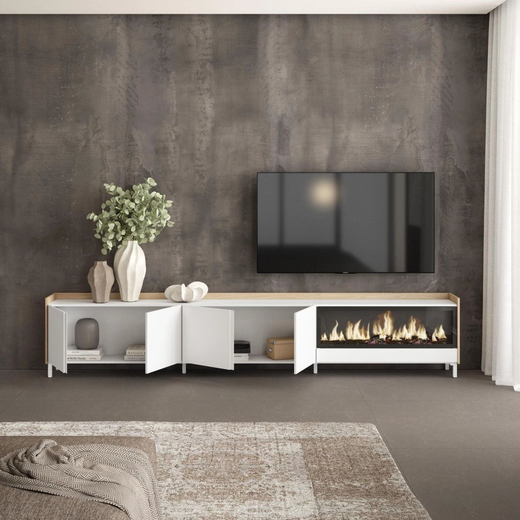 Mobile TV Soggiorno, 315x61x35 cm, Per TV fino a 80", Camino elettrico XXL, Design industriale, Bianco e Rovere soft