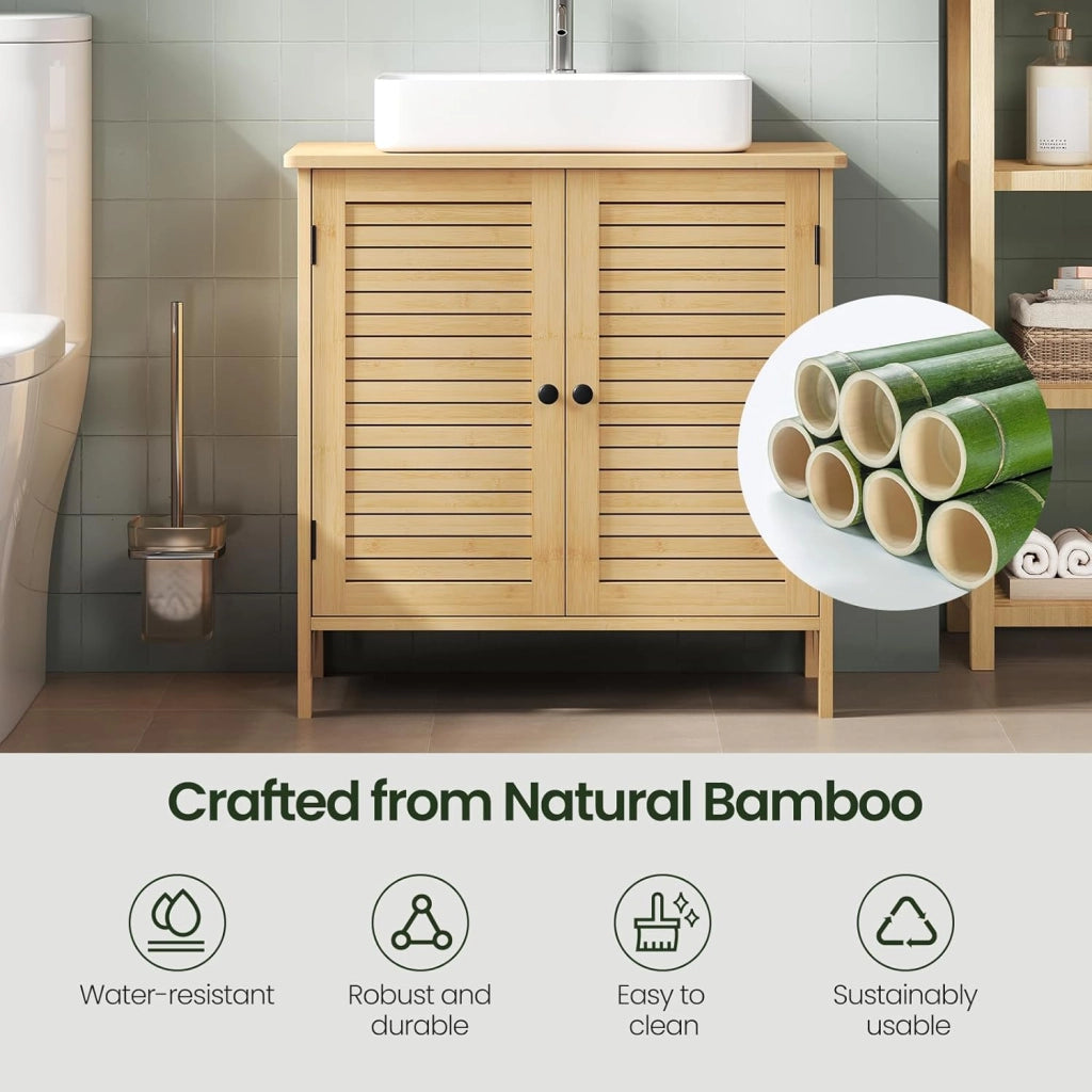 Armadio Sottolavabo in Bambù per Bagno, Organizzatore per Accessori da Bagno, Resistente all'Umidità, Traspirante, con Sifone 20x10 cm, Ripiano Regolabile, 60x30x60 cm