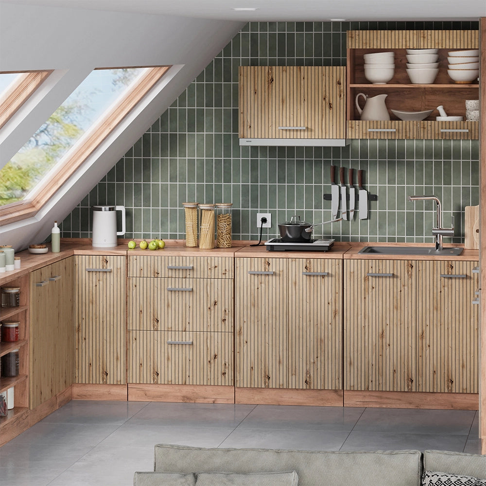 Mobile cucina sottotetto R-Line Rovere artigianale/Rovere dorato 60 cm senza inclinazione con 3 cassetti Vicco
