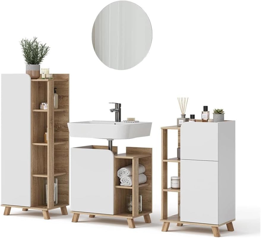 Set di mobili da bagno Karen, Sonoma/Bianco, 60 cm, composto da mobile lavabo, pensile a specchio, colonna e base media