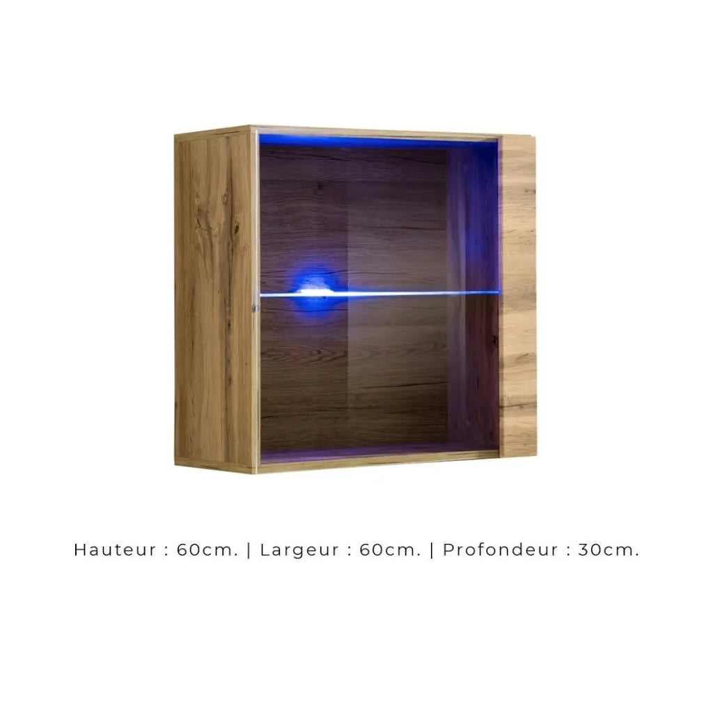 Vetrina quadrata sospesa in colore rovere chiaro con 1 porta a vetro e illuminazione LED inclusa. Collezione SWITCH.