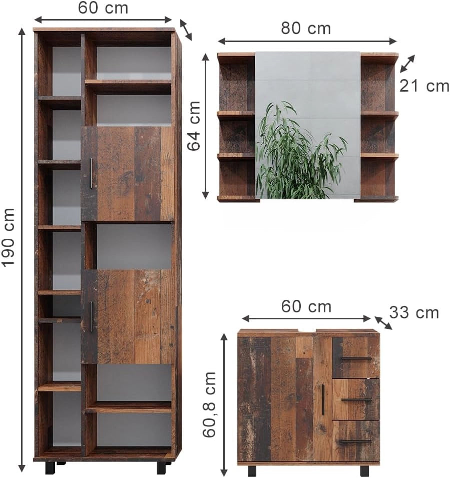 Set di mobili da bagno Ilias, Rovere rustico, 60 cm, composto da mobile sottolavabo, specchiera e colonna alta