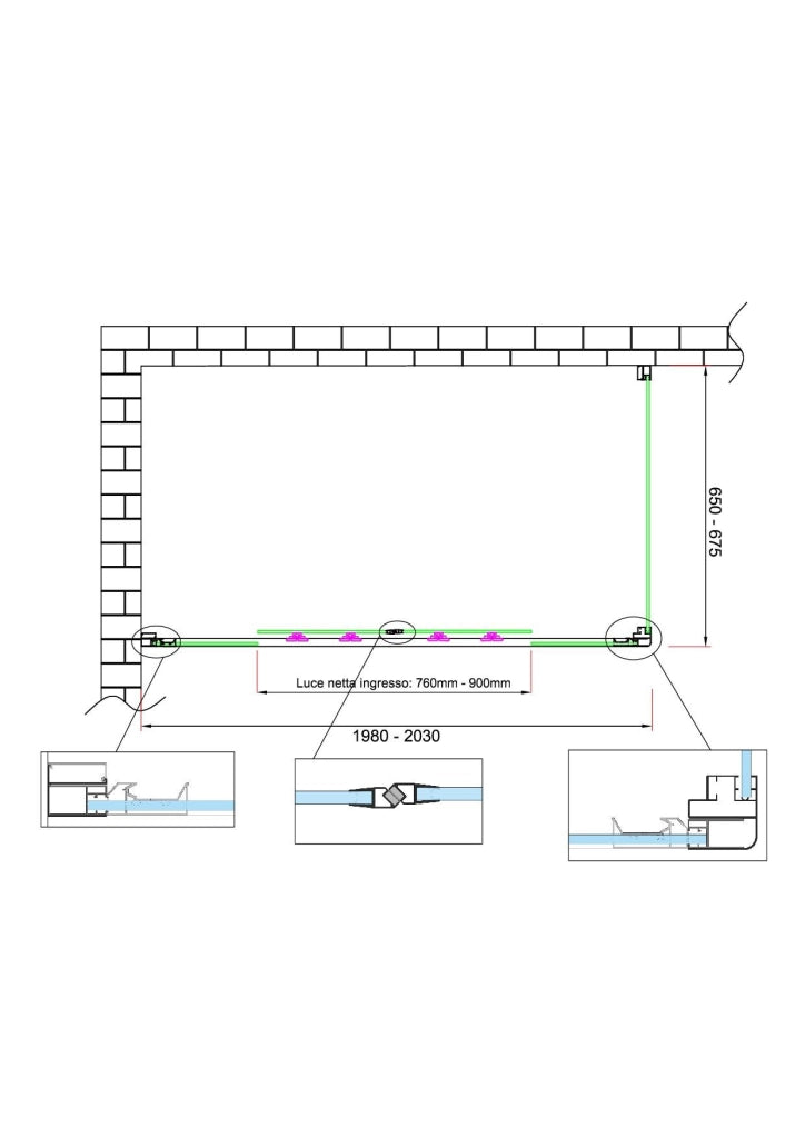 Box doccia 6 mm H 190 parete fissa e porta a 4 ante con apertura centrale MISURA 65-67,5 ANTA FISSA + PORTA 198-203