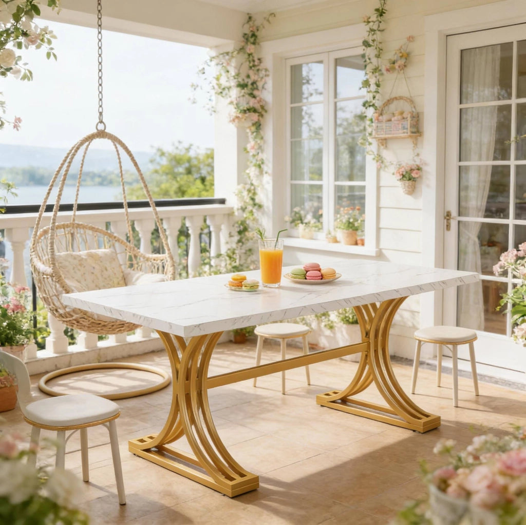Tavolo da pranzo rettangolare 160x80 cm in marmo artificiale e metallo; bianco e oro