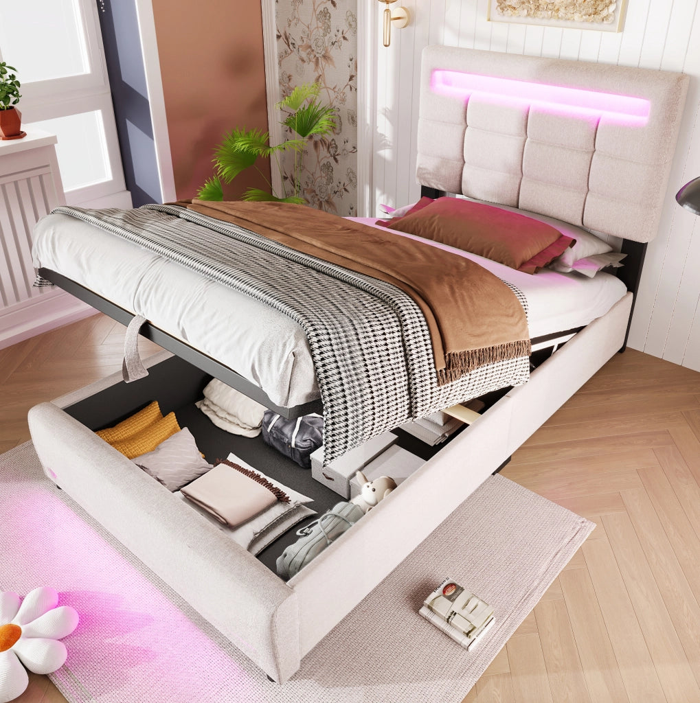 Letto imbottito 90x200 cm con contenitore idraulico e LED APP in lino