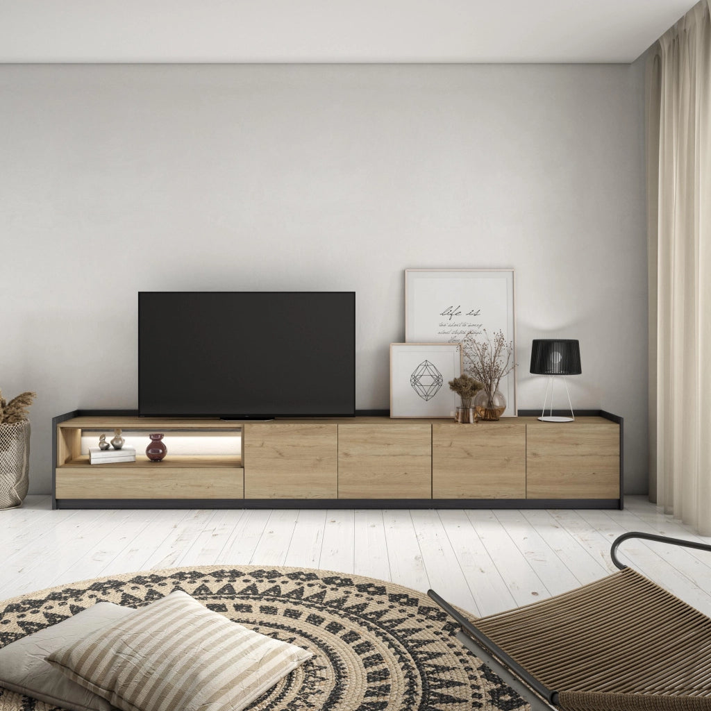 Mobile TV Soggiorno, 310x50x37 cm, Per TV fino a 80", LED, Rovere e nero