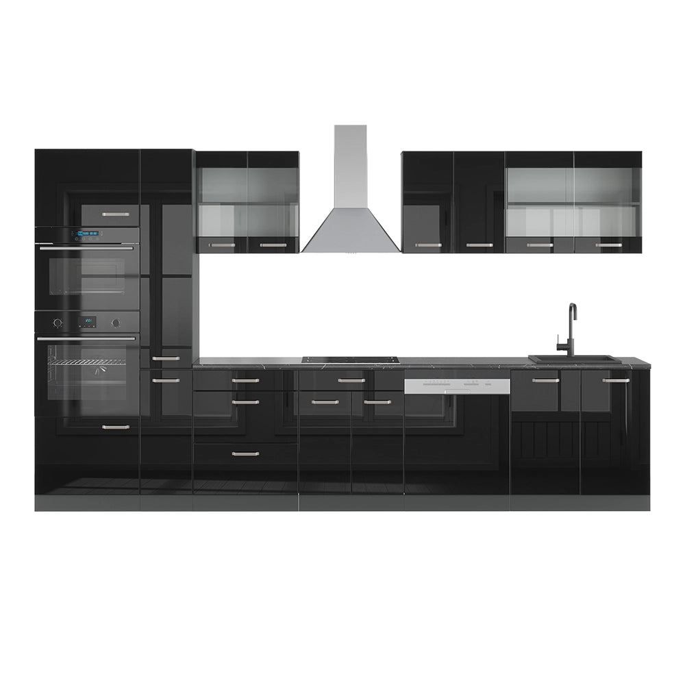 Vicco Cucina componibile Nero lucido/antracite 350 cm con armadio alto, senza piano di lavoro