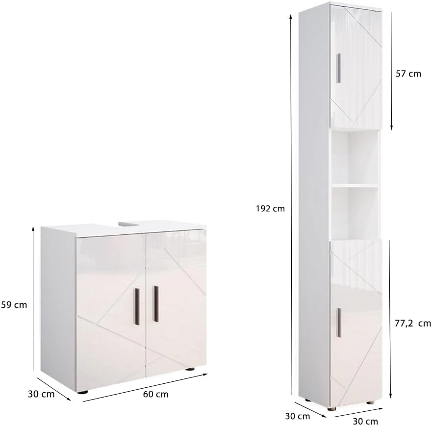 Set di mobili da bagno Irma, Bianco lucido, 2 parti, con colonna