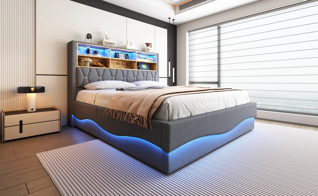 DESMIU Letto contenitore 180 × 200 cm 2 posti, contenitore idraulico, LED e USB, senza materasso, lino grigio