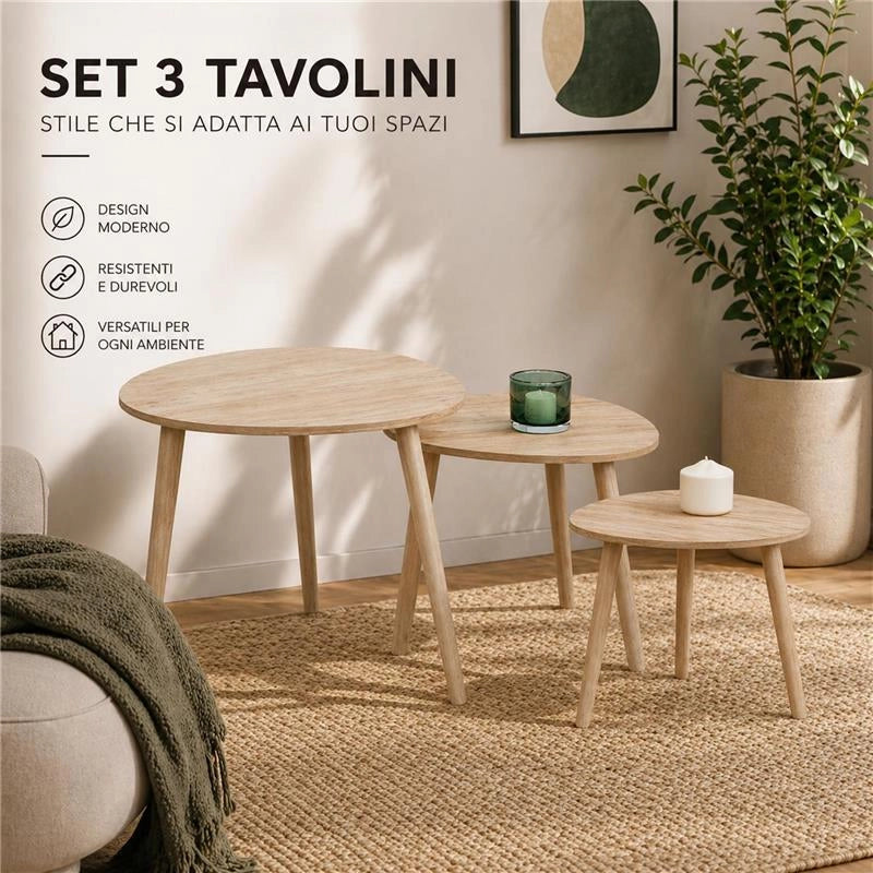 SET DI 3 TAVOLINI CON PIEDI IN LEGNO CHIARO E TOP IN MDF EFFETTO LEGNO CHIARO MISURE: 39X32CM, 48X38CM, 59X49CM