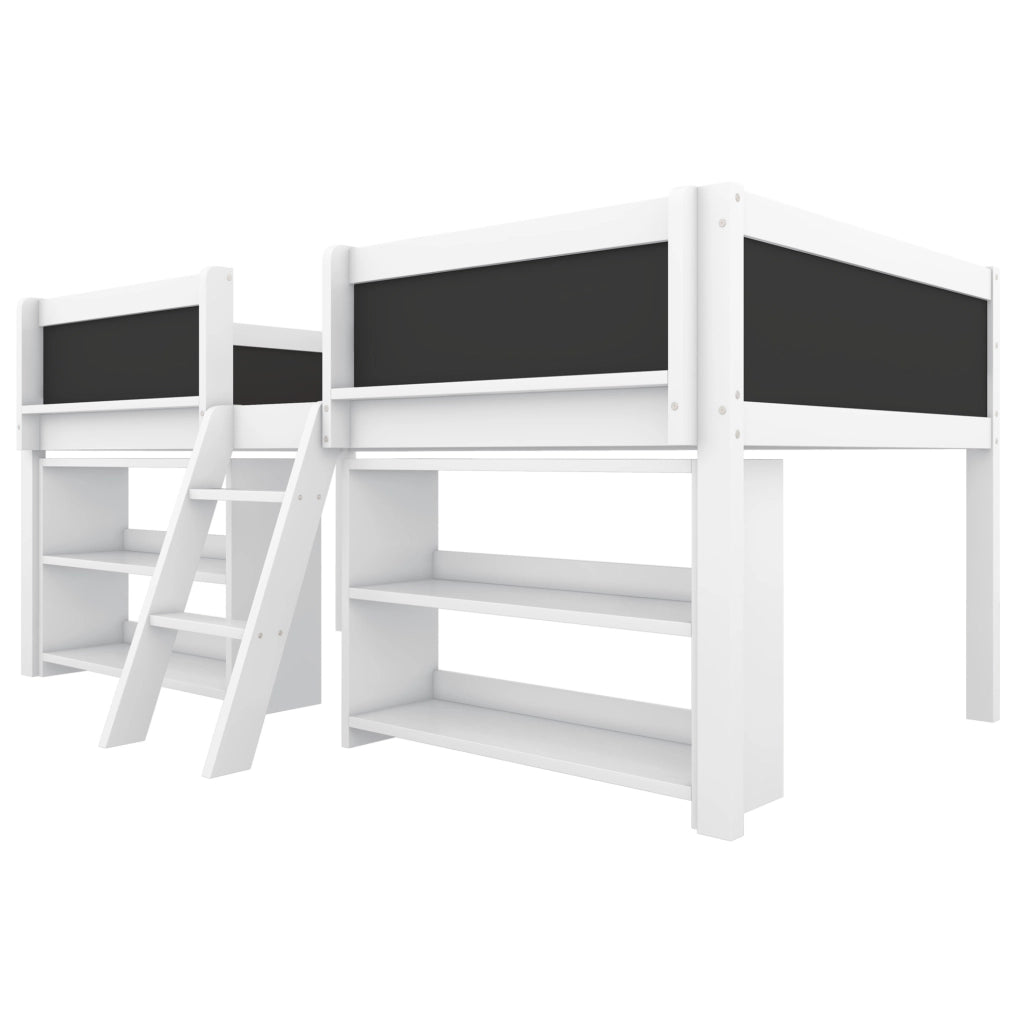 Letto semi-alto per bambini 90x200 cm bianco con ripiani, scaletta e lavagna