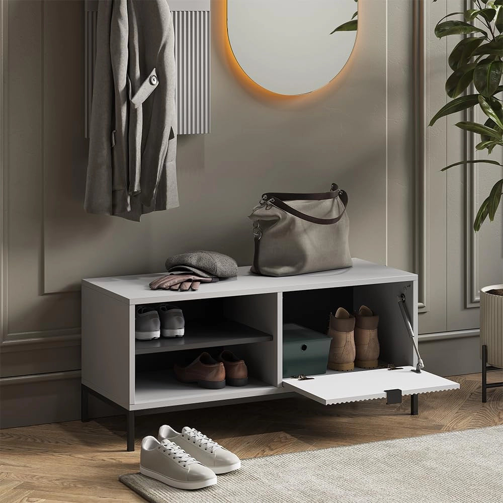 Panca scarpiera da ingresso Eliza, Grigio, 100 x 45 cm con porta a soffietto, per la conservazione delle scarpe e combinabile con la serie Eliza