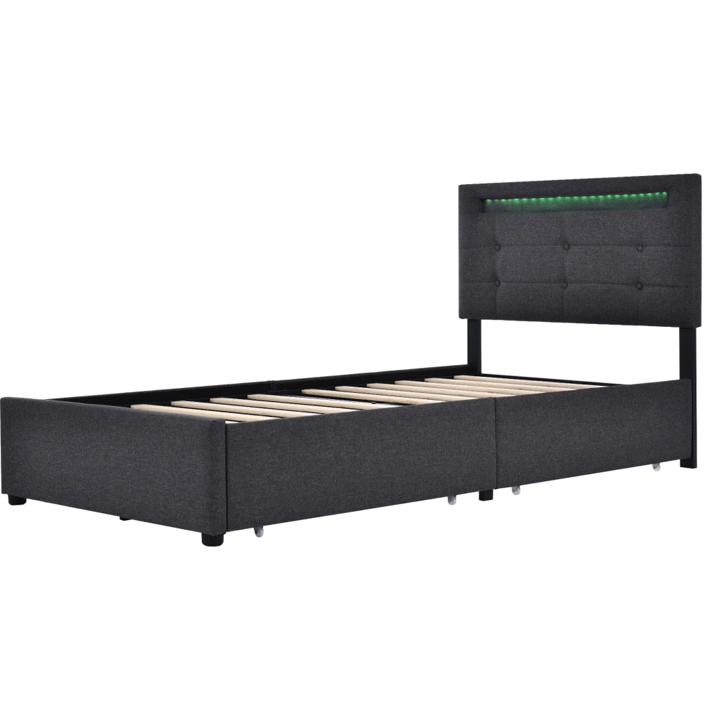 Letto singolo imbottito con LED e 2 cassetti; grigio; 90x200 cm