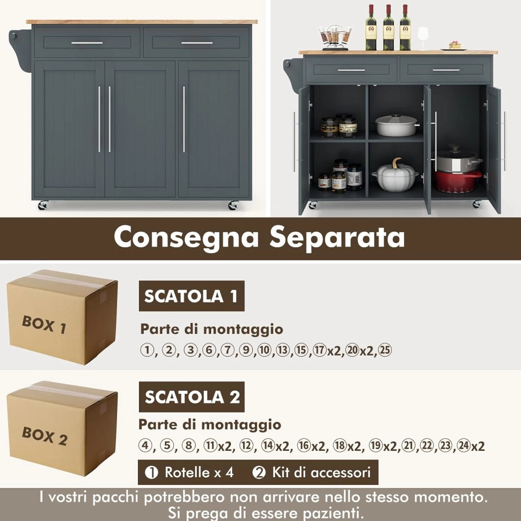 Carrello da Cucina, Carrello di Servizio con Ruote e Maniglia, 3 Ante e 2 Cassetti, Ideale per Cucina Ristorante Bar, 122x46x92,3 cm (Grigio)