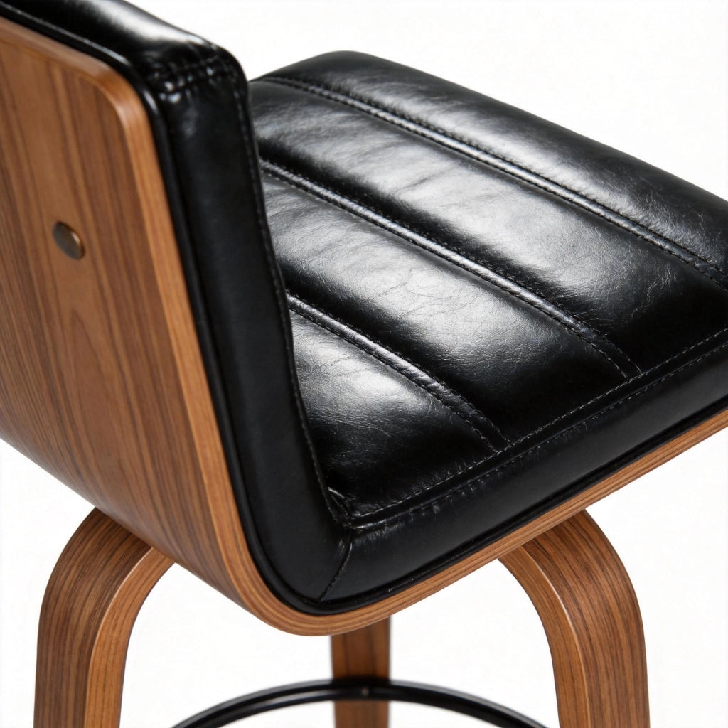 Sgabello da bar in PU nero con schienale ergonomico e gambe in legno curvate