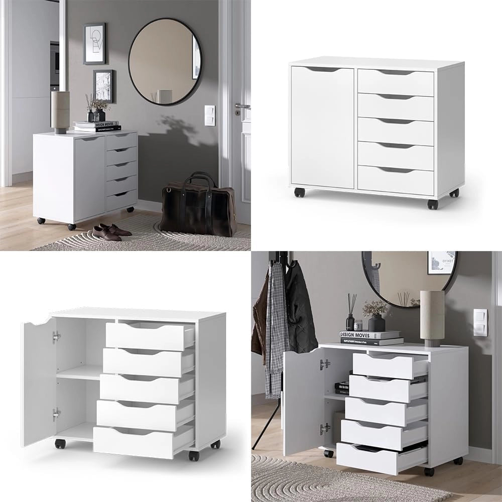 Credenza Otwin, Bianco, 40.6 x 61.5 cm con 5 cassetti e 1 anta, per la conservazione di abbigliamento e oggetti per la casa