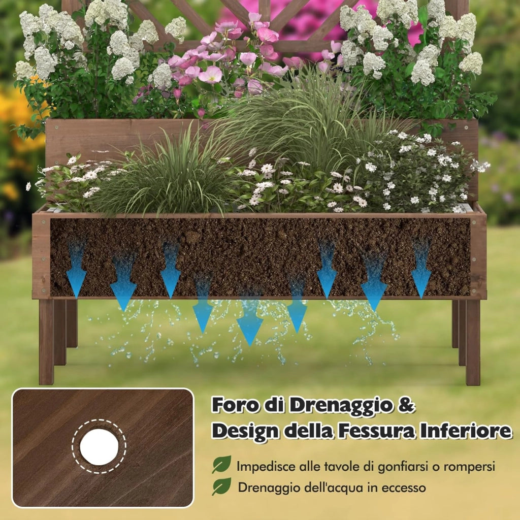Fioriera da Giardino a 2 Livelli con Traliccio, Letto Rialzatto con Gambe in Legno, Foro di Drenaggio, Fioriera da Interno ed Esterno per Frutta, Verdura, Fiori ed Erbe Rampicanti (Marrone)