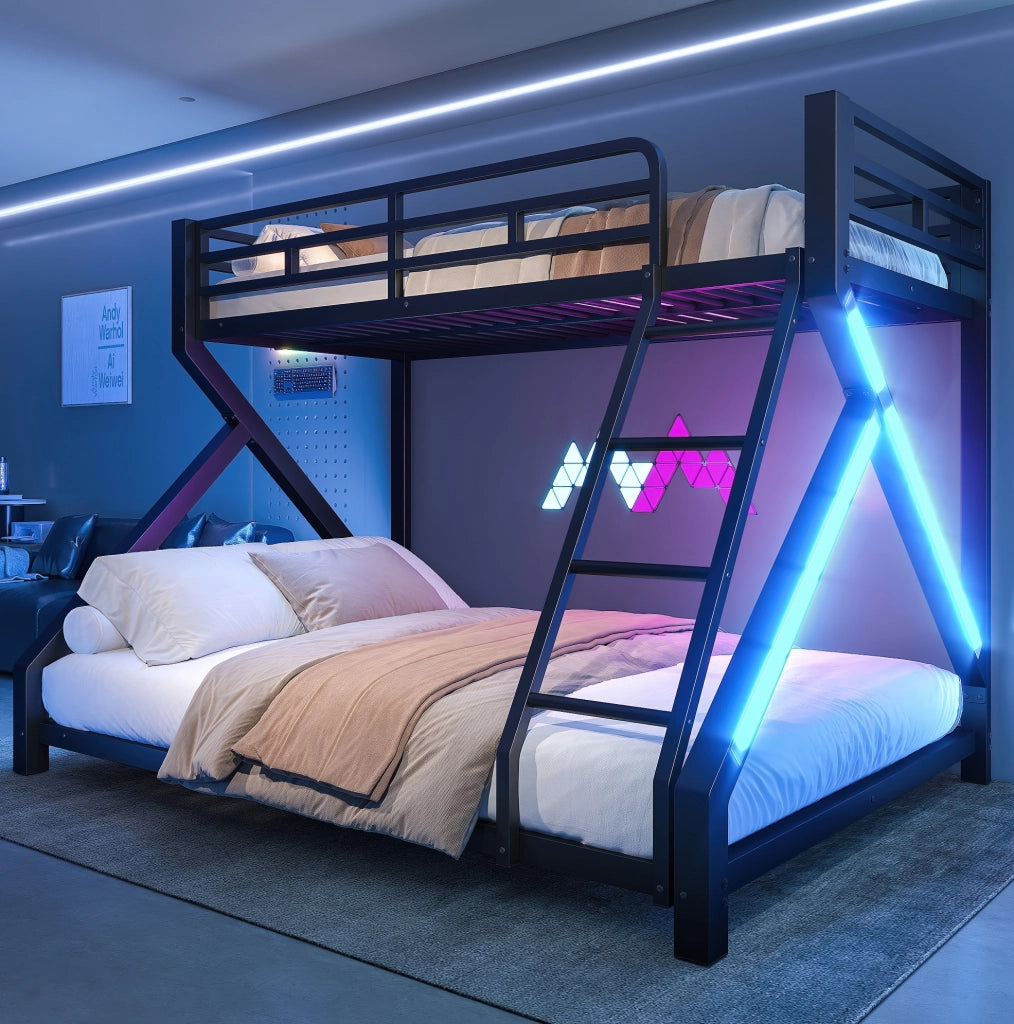 Letto a castello in metallo con LED; misure 90x200 cm e 140x200 cm; nero