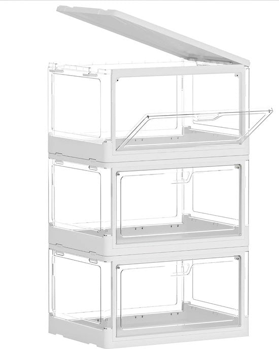 Set di 3 scatole trasparenti con coperchio, scatole da ripostiglio stivabili con porta magnetica, grande scatola in plastica, 23 litri, ideale per cucina, soggiorno e camera da letto