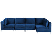 Divano ad angolo componibile versione sinistra a 5 posti in velluto blu marino con gambe in metallo argento stile glamour