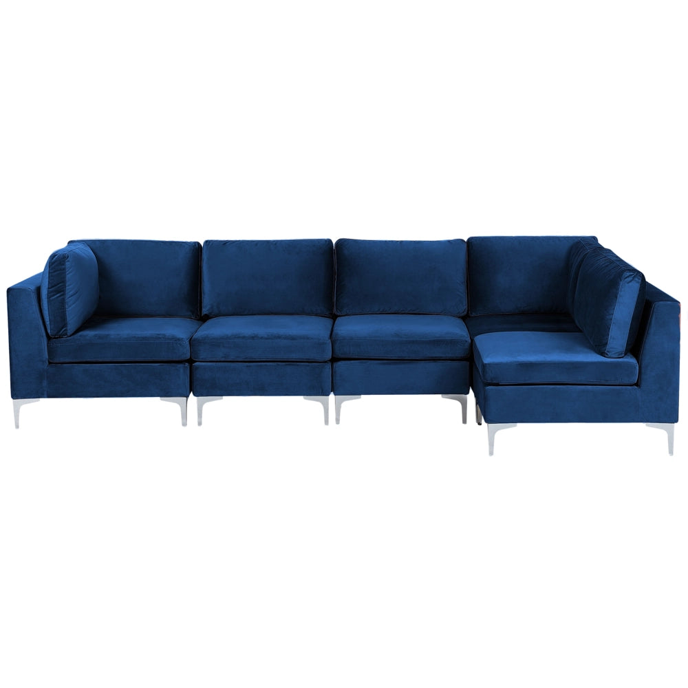 Divano ad angolo componibile versione sinistra a 5 posti in velluto blu marino con gambe in metallo argento stile glamour