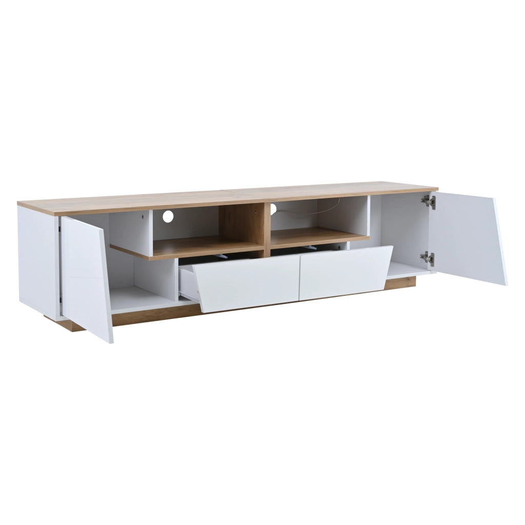 Mobile TV con LED 180x40x46 cm; 2 cassetti e 2 armadietti; bianco e legno naturale
