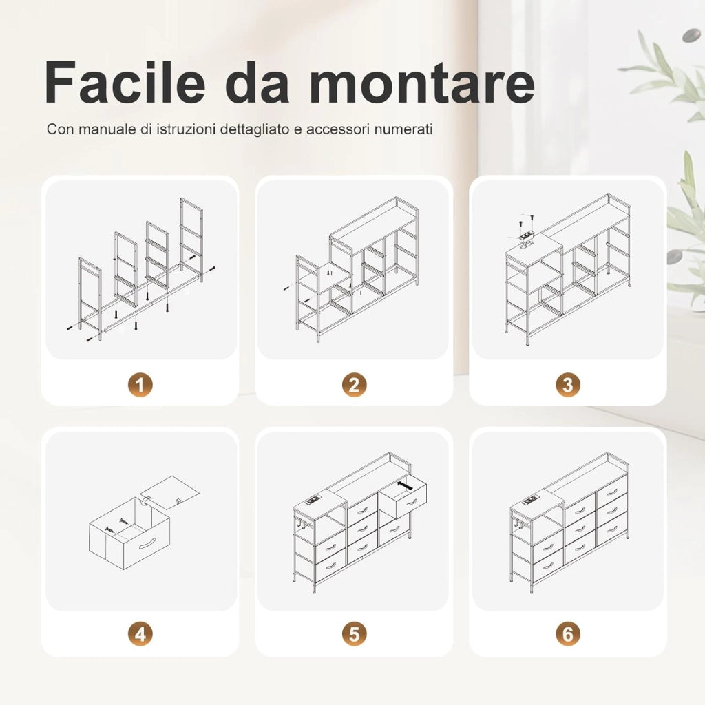 Cassettiera a 8 Cassetti in Tessuto, Cassettiera per Camera da Letto, con Sezione di Ricarica e Ganci, Piani Legno e Struttura in Metallo, Rovere Vintage+Nero
