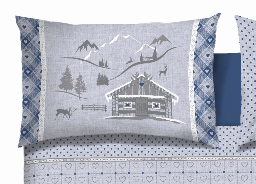 Copripiumino Sacco Piumone Cotone Flanella Pensieri Delicati Disegno Chalet - Singolo - Blu