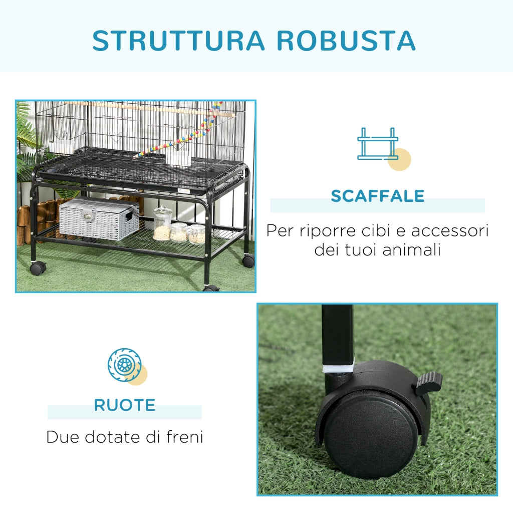 Gabbia per Uccelli in Acciaio con Posatoi, Giochi, Contenitori per Cibo e Vassoio, 79x49x133 cm, Nero