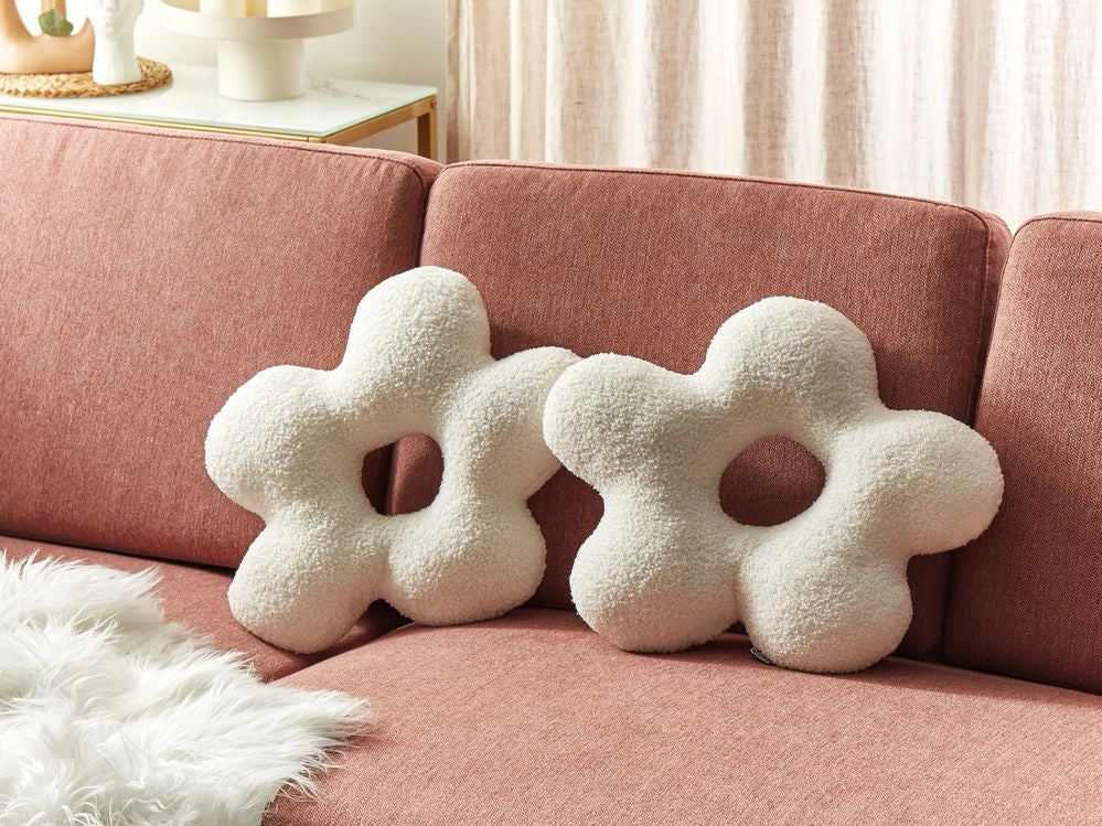 Set di 2 cuscini in tessuto di peluche a forma di fiore bianco 40 x 40 cm accessori divano camera da letto