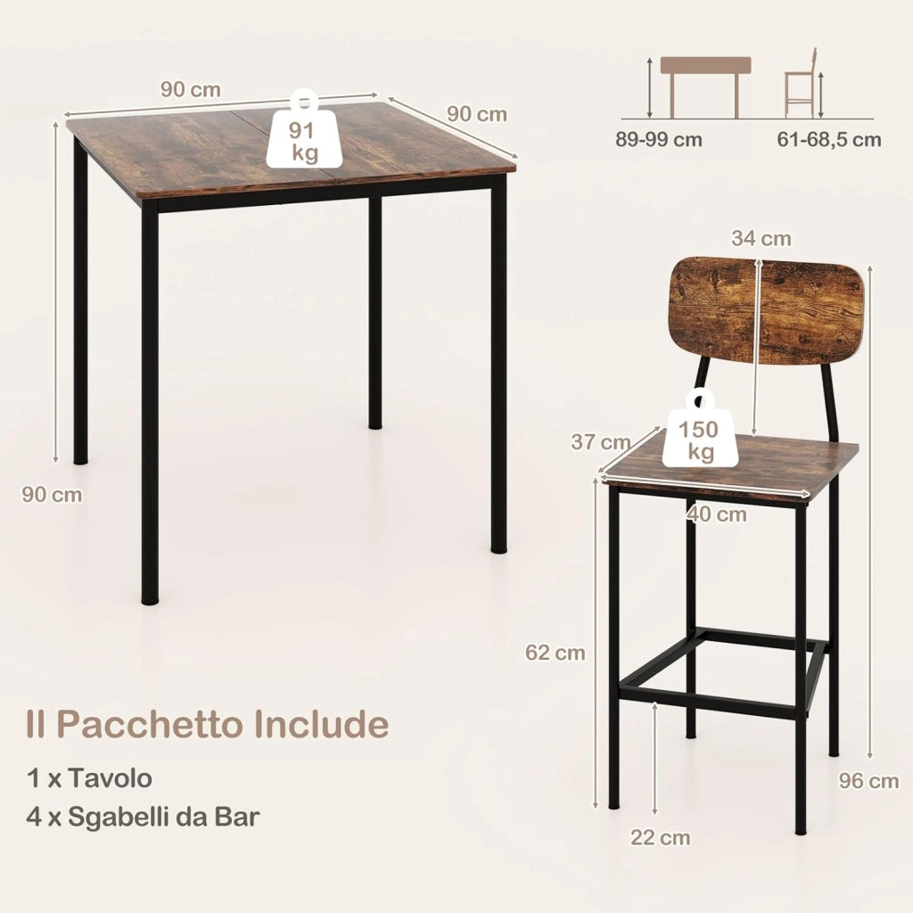 Set Tavoli da Pranzo a 5 Pezzi, Tavolo Alto e 4 Sgabelli da Bar con Poggiapiedi e Schienale, Finiture con Venature di Legno, Gambe di Metallo, Set Mobili Salvaspazio per Bar (Industriale)