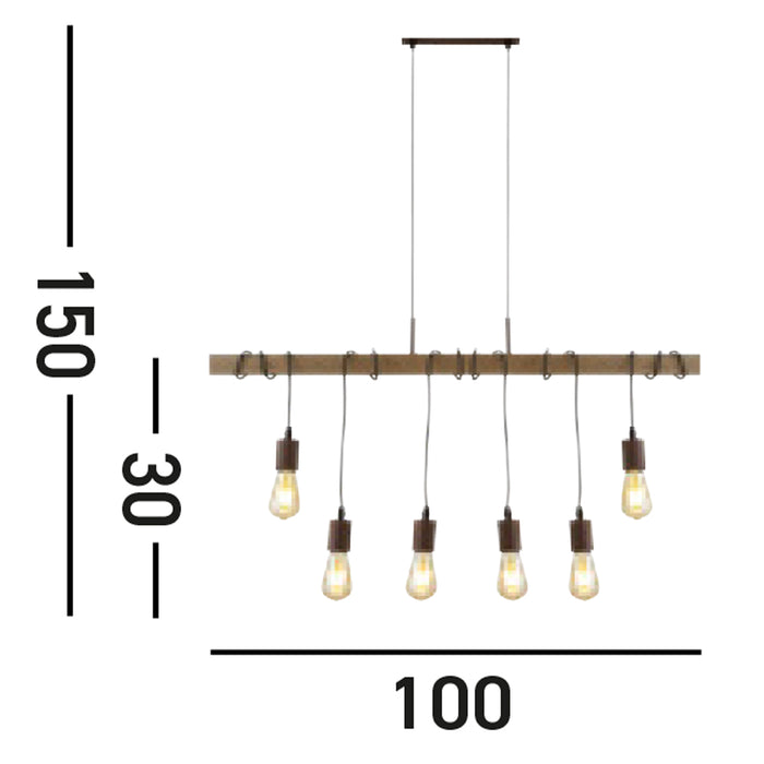 Lampadario Industrial-Nordico Fienile Acciaio Marrone 6 Luci E27