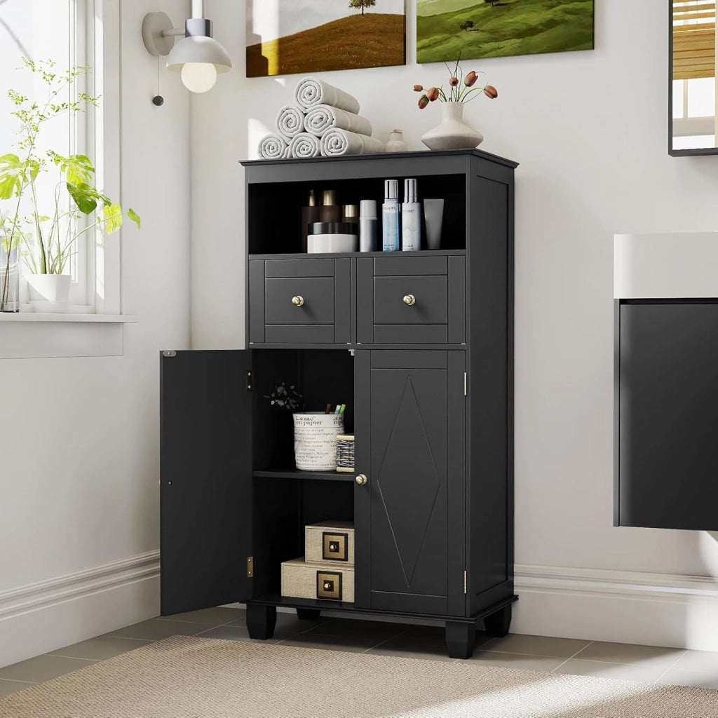 Armadietto da bagno da 108 cm, autoportante con 2 cassetti, ripiano regolabile e ripiano aperto, 56 x 30 cm, per lavanderia e ingresso (nero)