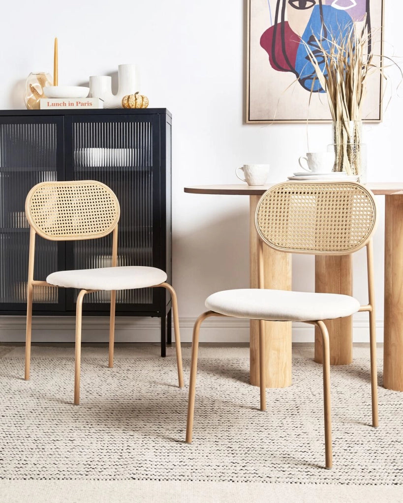 Set di 2 sedie da pranzo con seduta in tessuto e struttura in metallo con effetto legno intreccio viennese stile retrò soggiorno