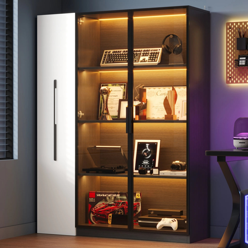 Vetrina multifunzione con LED; vano laterale estraibile; MDF e vetro; nera; 110;5 × 35 × 160 cm