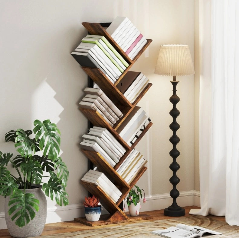 Libreria 50x24x136 cm a forma di albero con 9 ripiani in legno marrone rustico