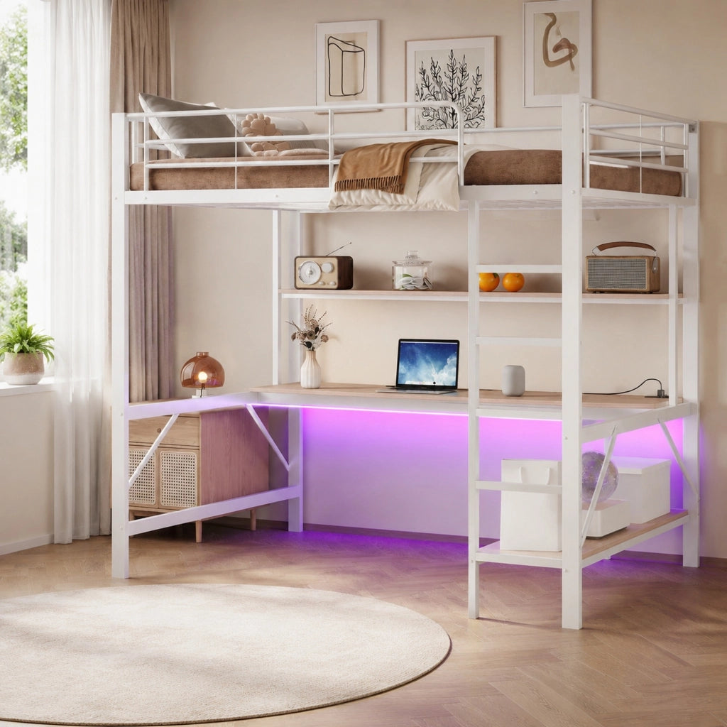 DESMIU Letto a soppalco letto matrimoniale con USB, presa, LED, scrivania e scaffali 140 × 200 cm, senza materasso, bianco