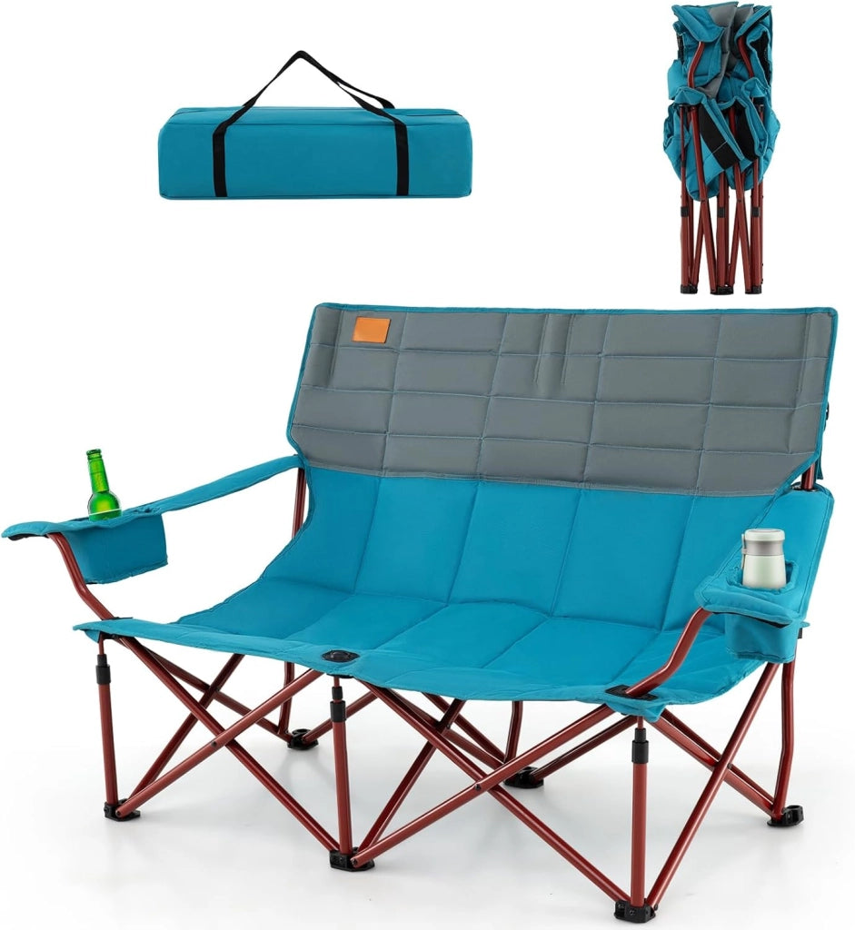 Sedia da Campeggio Pieghevole con Braccioli Regolabili, Sedia da Esterno Portatile con Borsa di Trasporto e Porta Bicchieri, Poltrona per 2/3 Persone, per Pesca, Giardino (Modello II-Verde)