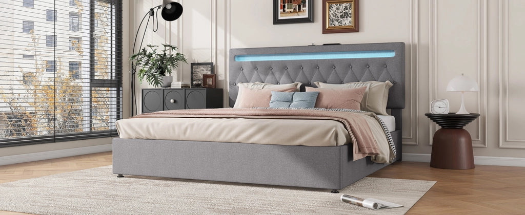 DESMIU Letto contenitore 180 × 200 cm 2 posti con LED regolabile, USB e Type-C, senza materasso, in lino, grigio