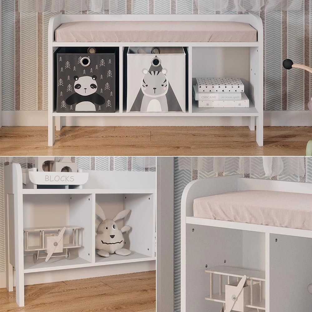 Scaffale per bambini Ajaton, Bianco, 107.2 x 63.8 cm, con scaffale per giocattoli e 3 vani aperti per riporre gli oggetti