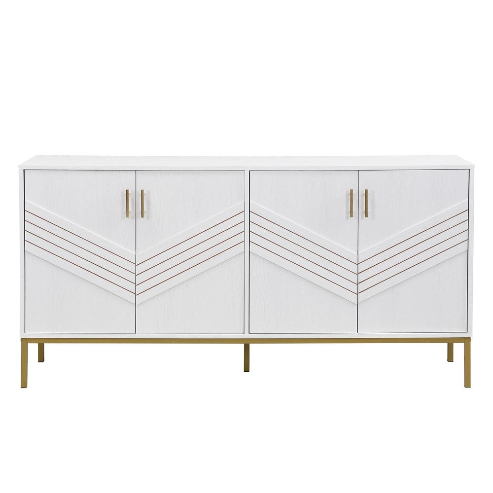 Credenza Moderna con 4 Ante ¨C MINIMAL ¨C Bianco e Oro, MDF, Gambe in Metallo, Ripiani Regolabili