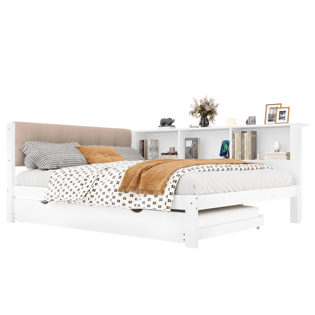 Letto a Divano 140×200 cm con letto estraibile; USB; LED e ripiani; senza materasso; legno massello e MDF; bianco